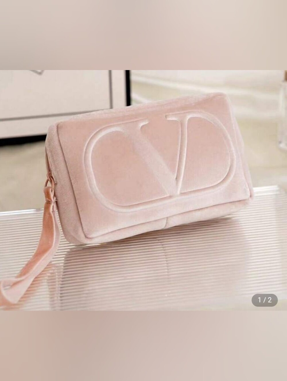 Valentino Pink Velvet Wristlet Makeup Pouch Bag